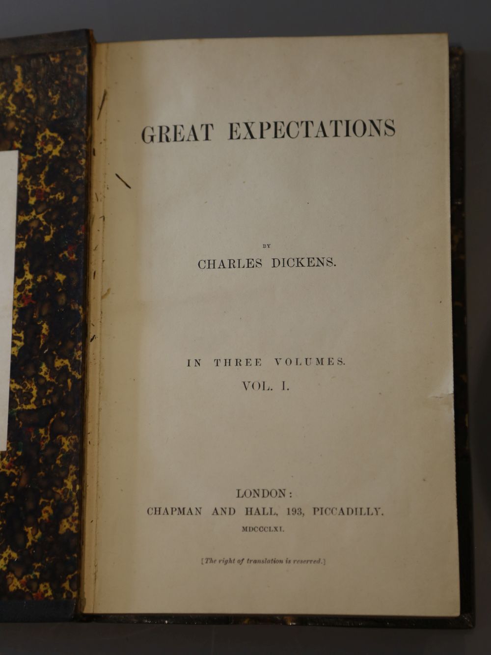 Dickens, Charles - Great Expectations, 1st edition (early issue), 3 vols, with an engraved portrait (not called-for) of the dedicatee (